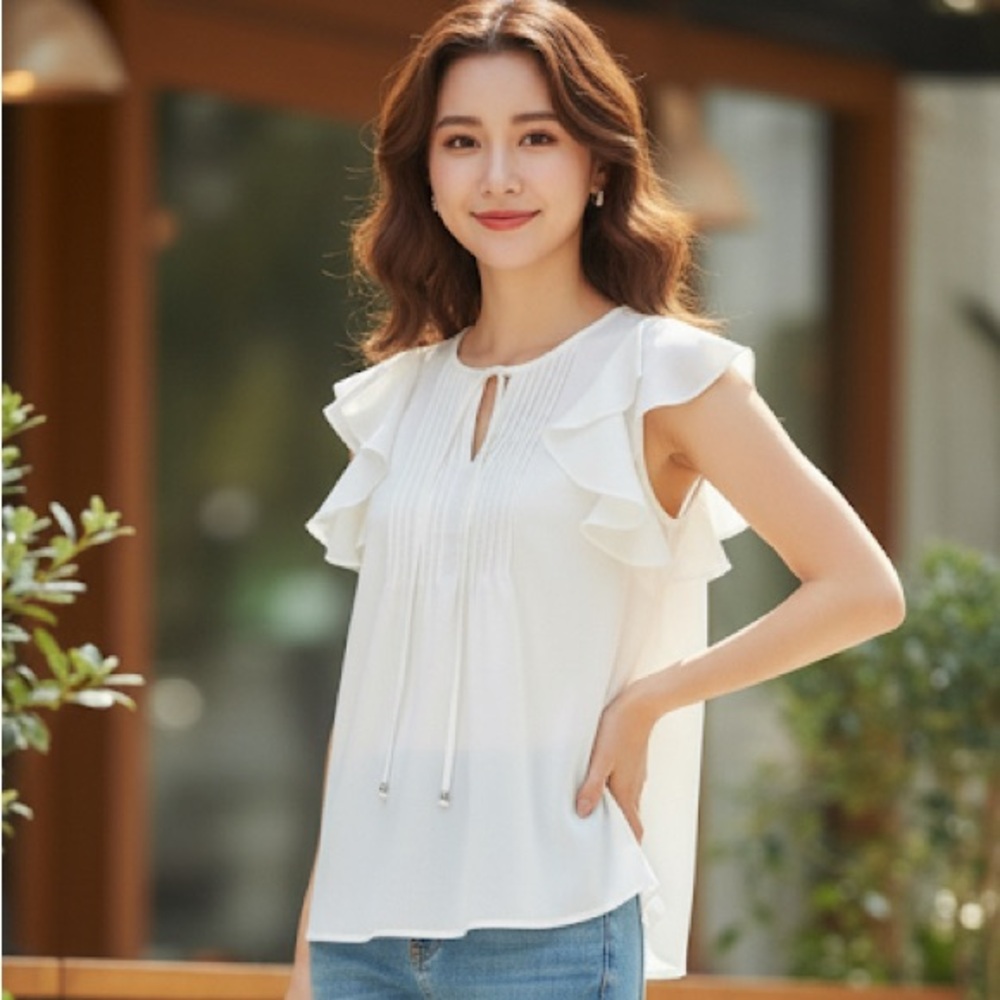 90# Rose & Olive Cream Sleeveless Blouse with Ruffle Details - Picture 8 of 8
